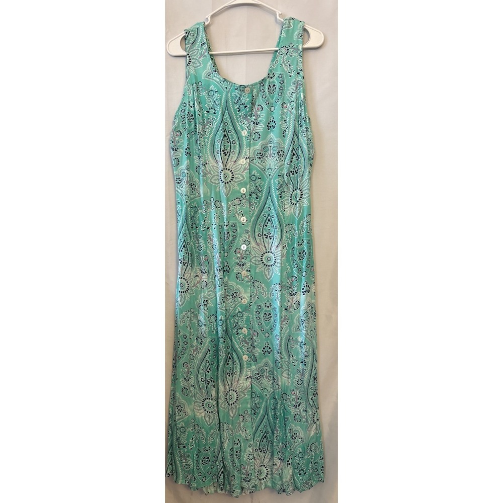 Blair Vtg 90s Teal Paisley Sleeveless Button Down Maxi Dress Smocked P/M NWOT